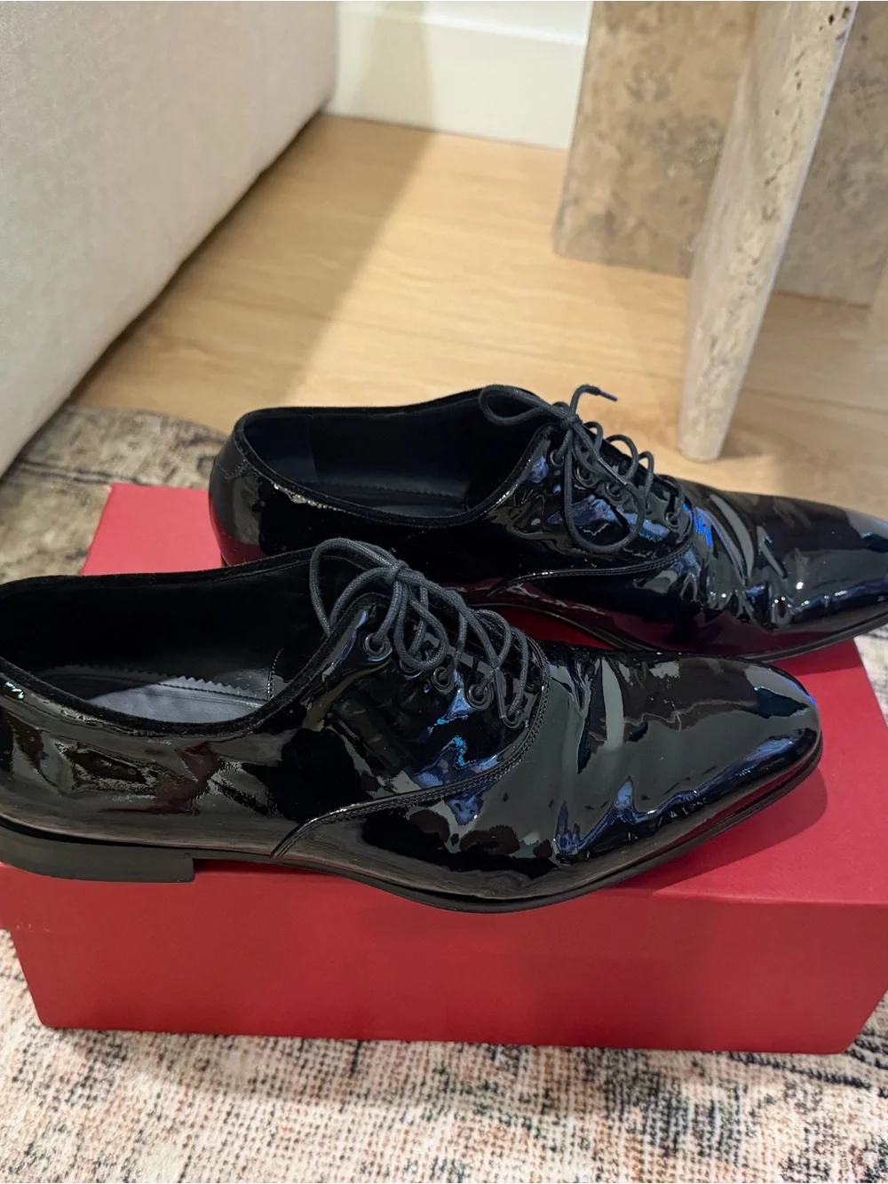 Salvatore Ferragamo Black Patent Leather Lace-Up Oxfords